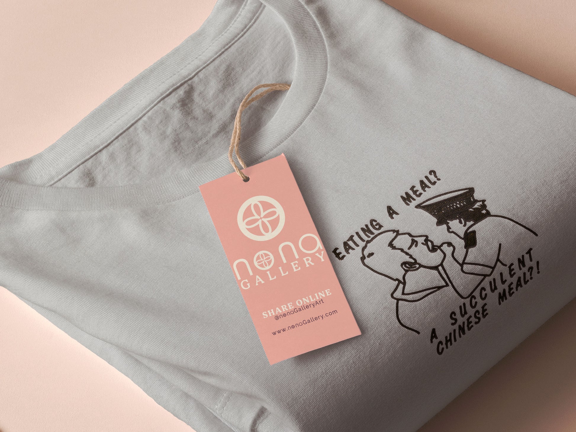 An embroidered light grey t-shirt design of the Australian Jack Karlson being arrested while he shouts Eating A Meal? A Succulent Chinese Meal?!