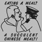 An embroidered light grey t-shirt design of the Australian Jack Karlson being arrested while he shouts Eating A Meal? A Succulent Chinese Meal?!