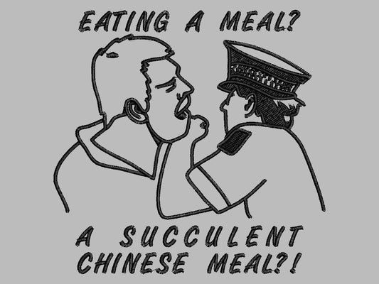 An embroidered light grey t-shirt design of the Australian Jack Karlson being arrested while he shouts Eating A Meal? A Succulent Chinese Meal?!