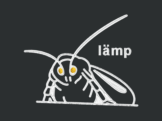 A grey crew neck short sleeve t-shirt, with an embroidered Mothman white thread design of a moth with glowing yellow eyes and the word lämp