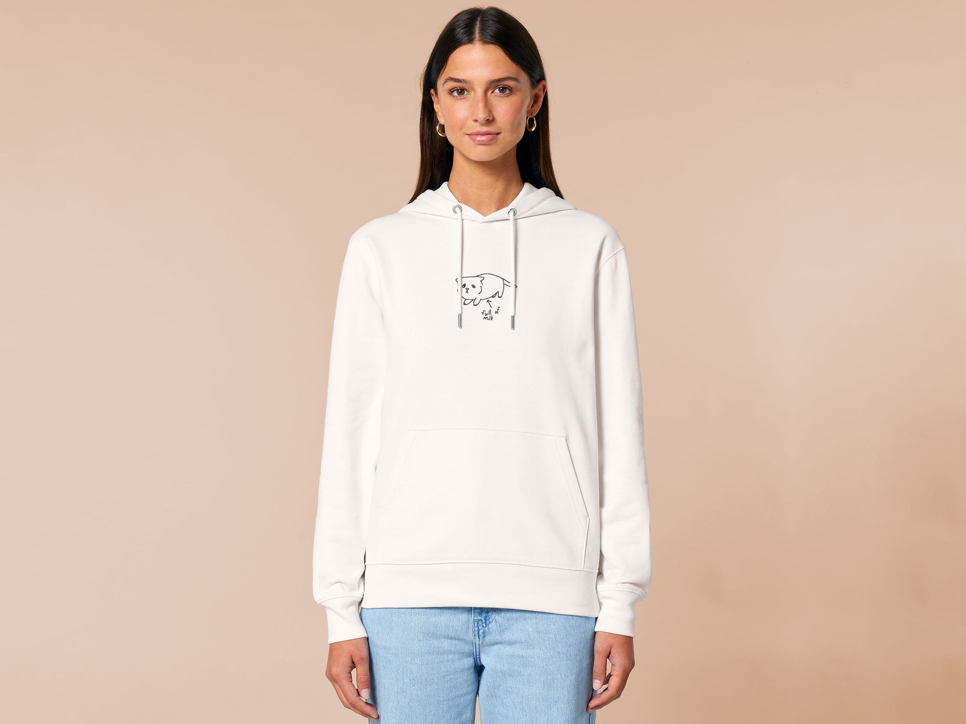 Embroidered white hoodie design of a cute chibi kitten cat with an arrow pointing at its belly and the text full of milk
