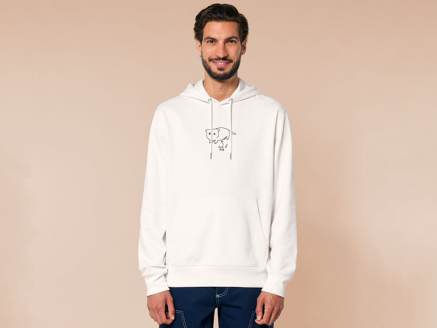 Embroidered white hoodie design of a cute chibi kitten cat with an arrow pointing at its belly and the text full of milk