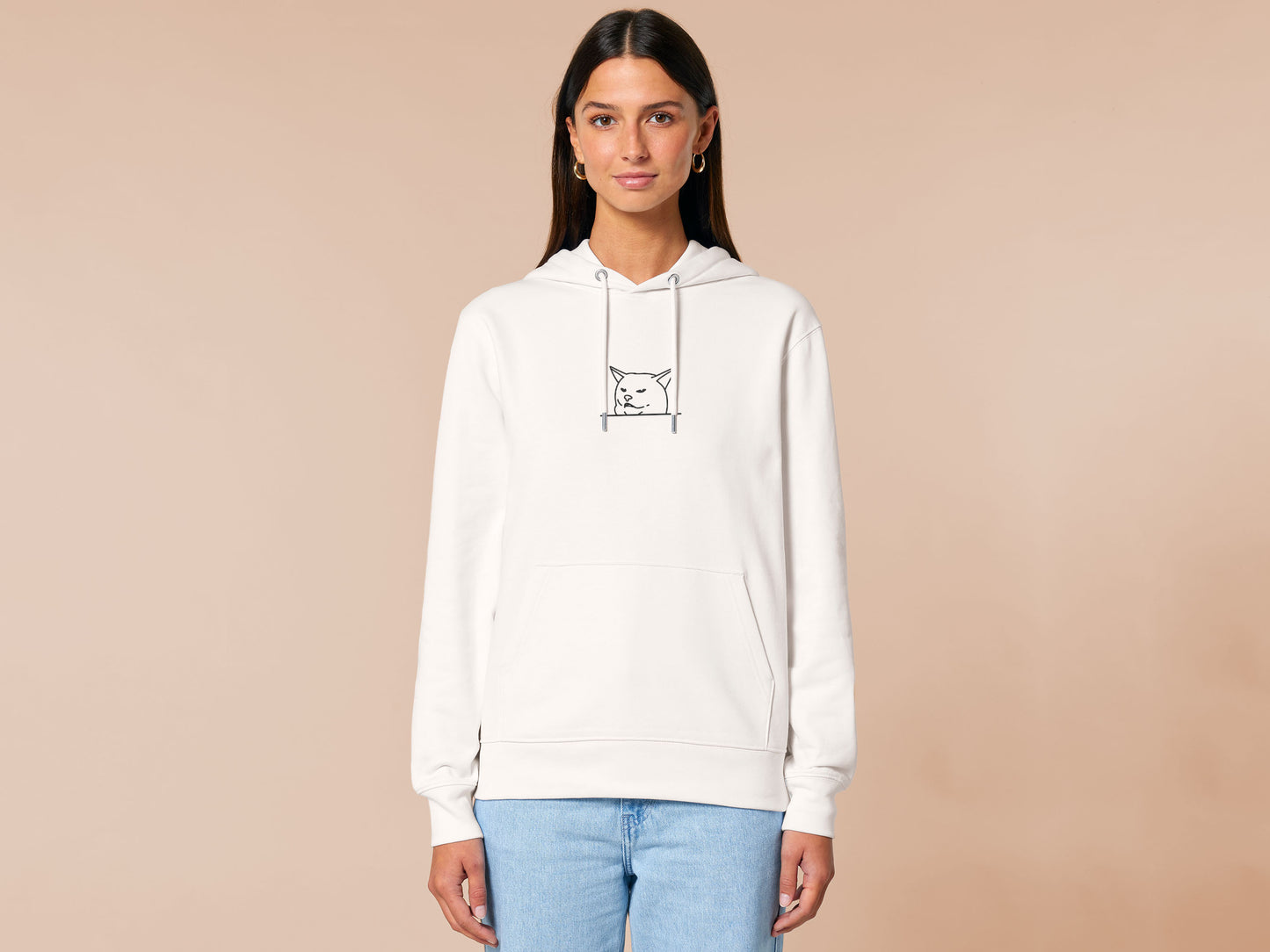 An off-white crew neck long sleeve hoodie, with an embroidered black thread design of cute smudge the hissing cat meme reaction