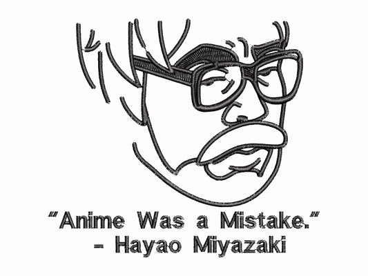 A off white crew neck short sleeve t-shirt, with an embroidered black thread design of a portrait of a depressed Hayao Miyazaki the creator of Studio Ghibli with text underneath that reads "Anime Was A Mistake." - Hayao Miyazaki