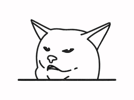 An off-white crew neck short sleeve t-shirt, with an embroidered black thread design of cute smudge the hissing cat meme reaction