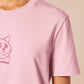 A pink crew neck short sleeve t-shirt, with an embroidered pink thread design of a cute fat cat portrait with text underneath saying (Heavy Breathing)