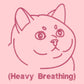 A pink crew neck short sleeve t-shirt, with an embroidered pink thread design of a cute fat cat portrait with text underneath saying (Heavy Breathing)