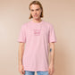 T-shirt with an emboirded Pink Design of a crying chibi hamster wit the text what do you mean no dessert?!