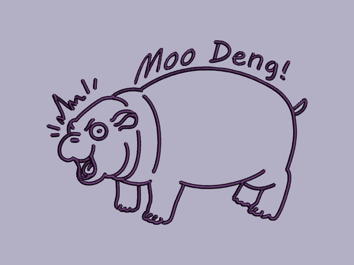 A purple t-shirt with an embroidered design of a cute chibi illustration of the viral baby pygmy hippo looking shocked with the quote Moo Deng!