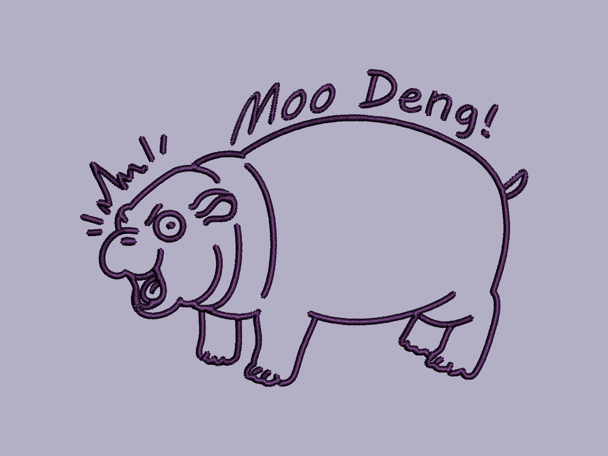 A purple t-shirt with an embroidered design of a cute chibi illustration of the viral baby pygmy hippo looking shocked with the quote Moo Deng!
