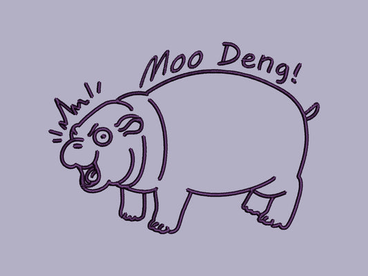 A purple t-shirt with an embroidered design of a cute chibi illustration of the viral baby pygmy hippo looking shocked with the quote Moo Deng!