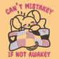 Yellow t-shirt with an embroidered mouse sleeping under a patchwork blanket with the text can't mistakey if not awakey