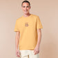 Yellow t-shirt with an embroidered mouse sleeping under a patchwork blanket with the text can't mistakey if not awakey