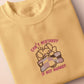 Yellow t-shirt with an embroidered mouse sleeping under a patchwork blanket with the text can't mistakey if not awakey