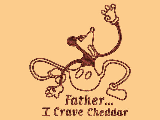 A yellow crew neck short sleeve t-shirt, with an embroidered black thread design of a mickey mouse like creature grasping the air with the text Father... I crave cheddar