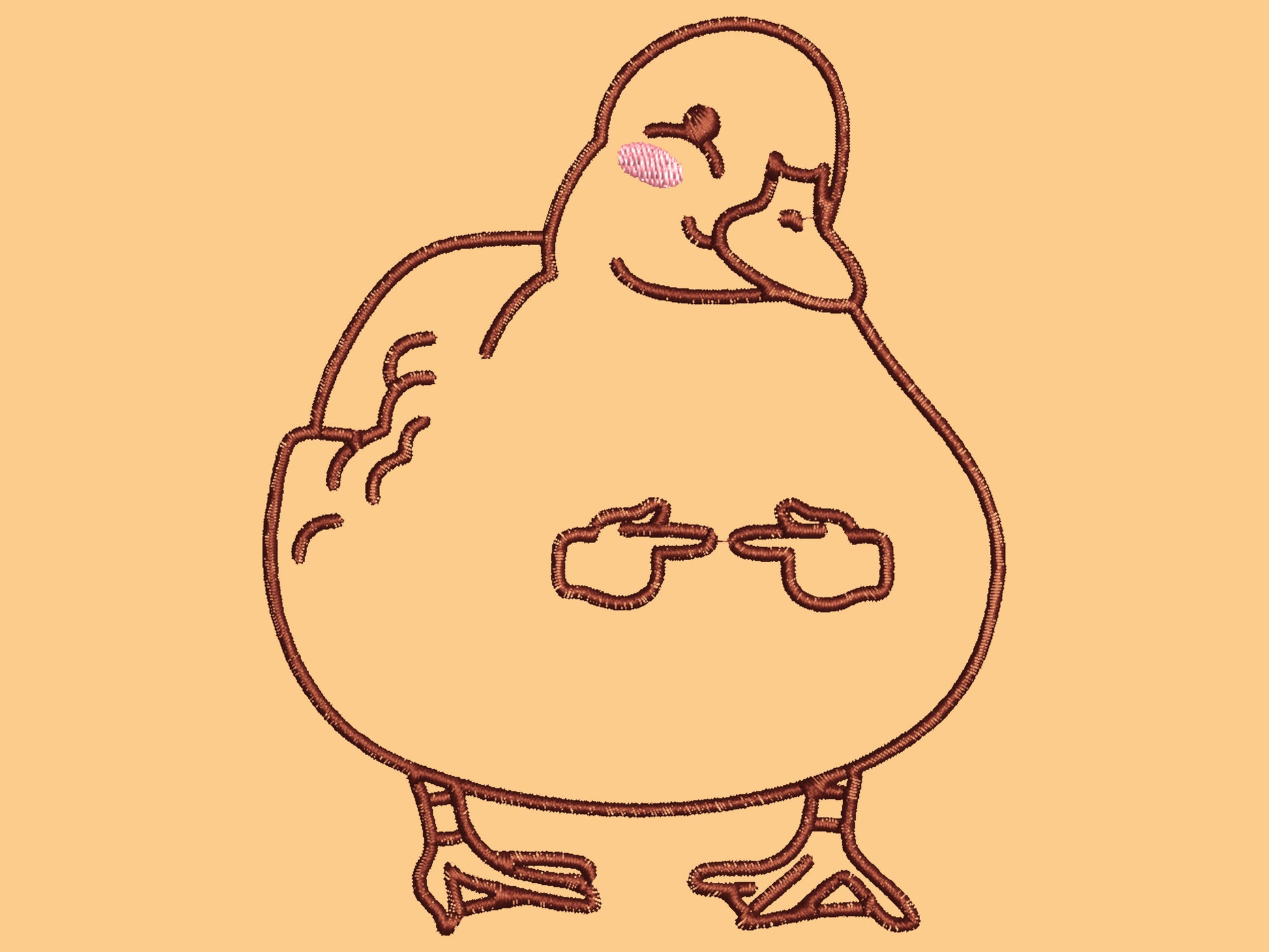 A yellow crew neck short sleeve t-shirt, with an embroidered black thread design of a cute blushing duck with the for me finger hand emoji symbols
