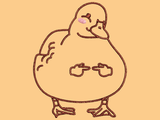 A yellow crew neck short sleeve t-shirt, with an embroidered black thread design of a cute blushing duck with the for me finger hand emoji symbols