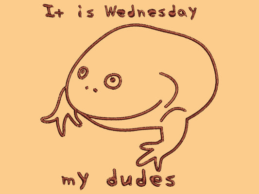 A yellow crew neck short sleeve t-shirt, with an embroidered black thread design of the Reddit meme rain frog with the text It is Wednesday my dudes
