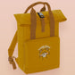 Yellow roll top twin handle backpack with an embroided design of cute crying bear and the quote emotional baggage