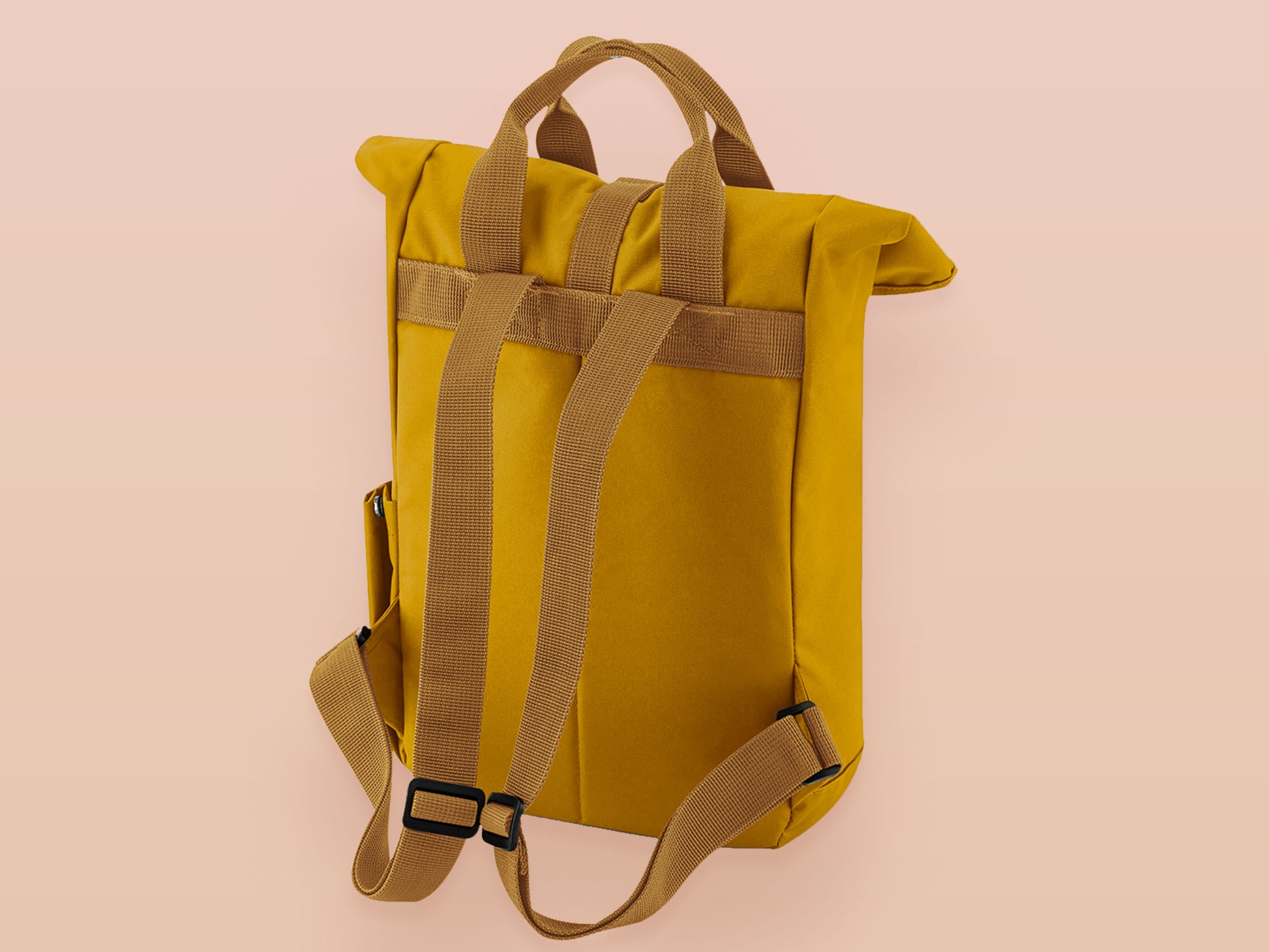 Yellow roll top twin handle backpack with an embroided design of cute crying bear and the quote emotional baggage