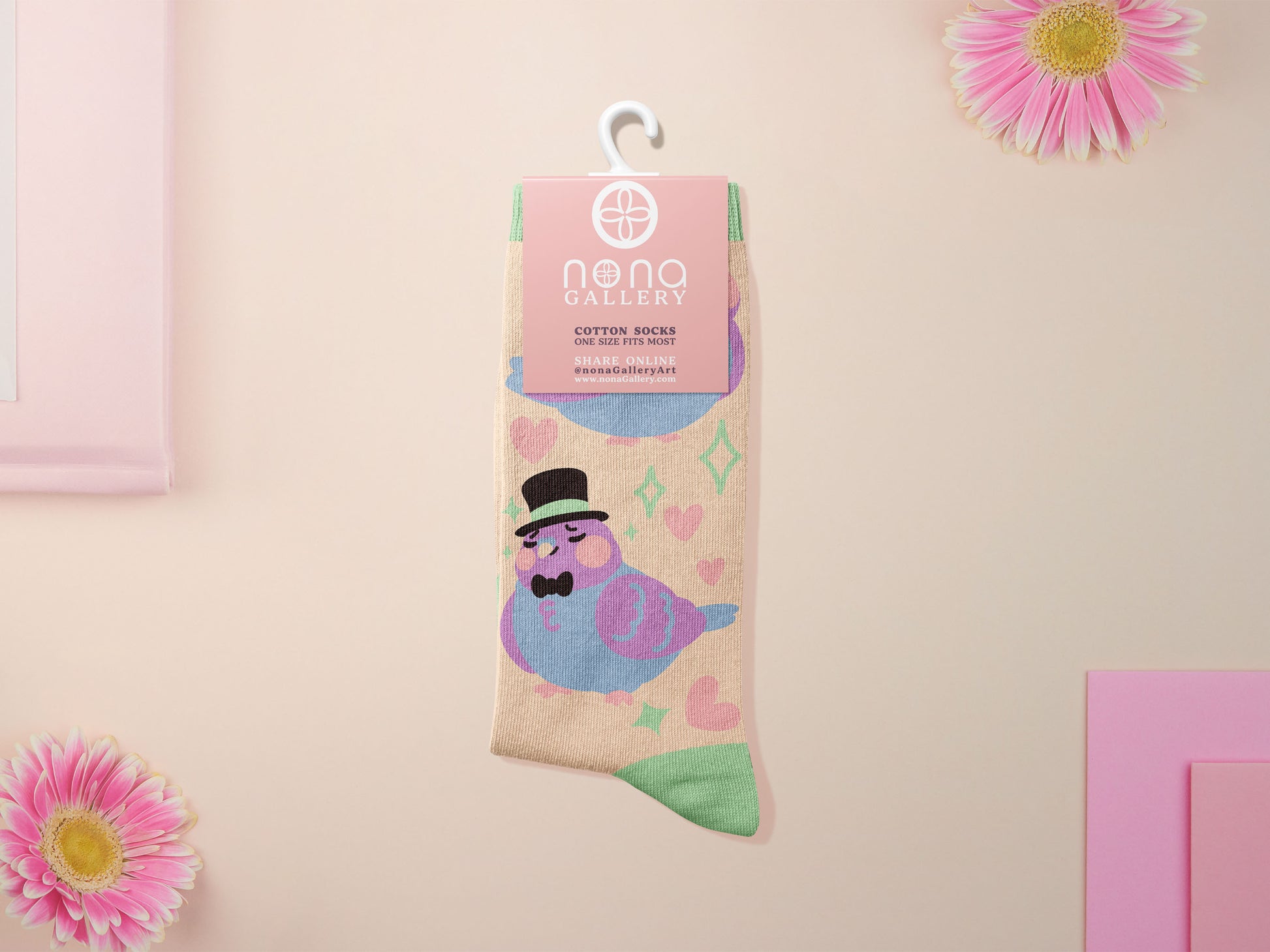 Cute knitted cotton crew socks with a cute pigoens in top hats and bow ties design.