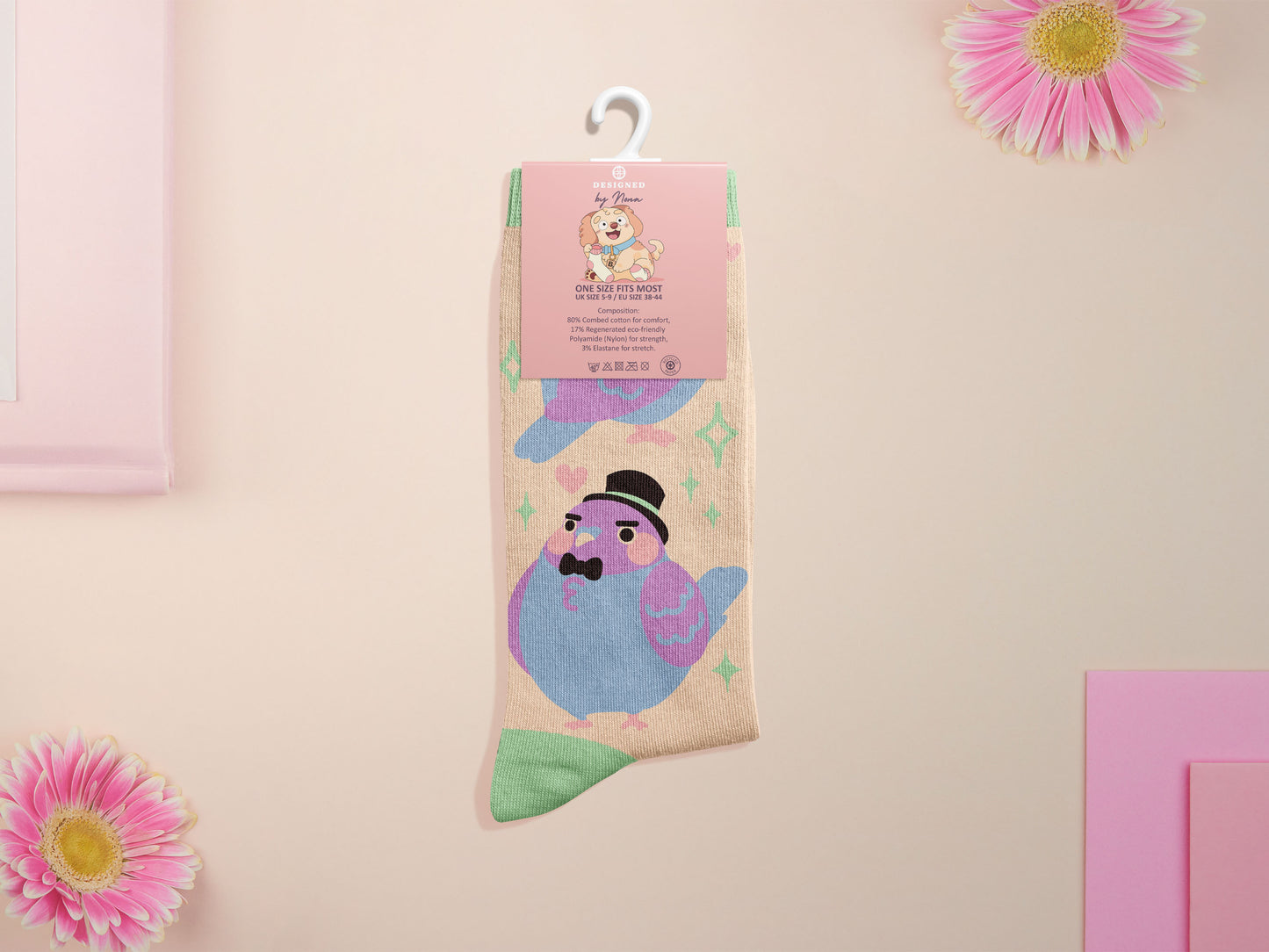 Cute knitted cotton crew socks with a cute pigoens in top hats and bow ties design.