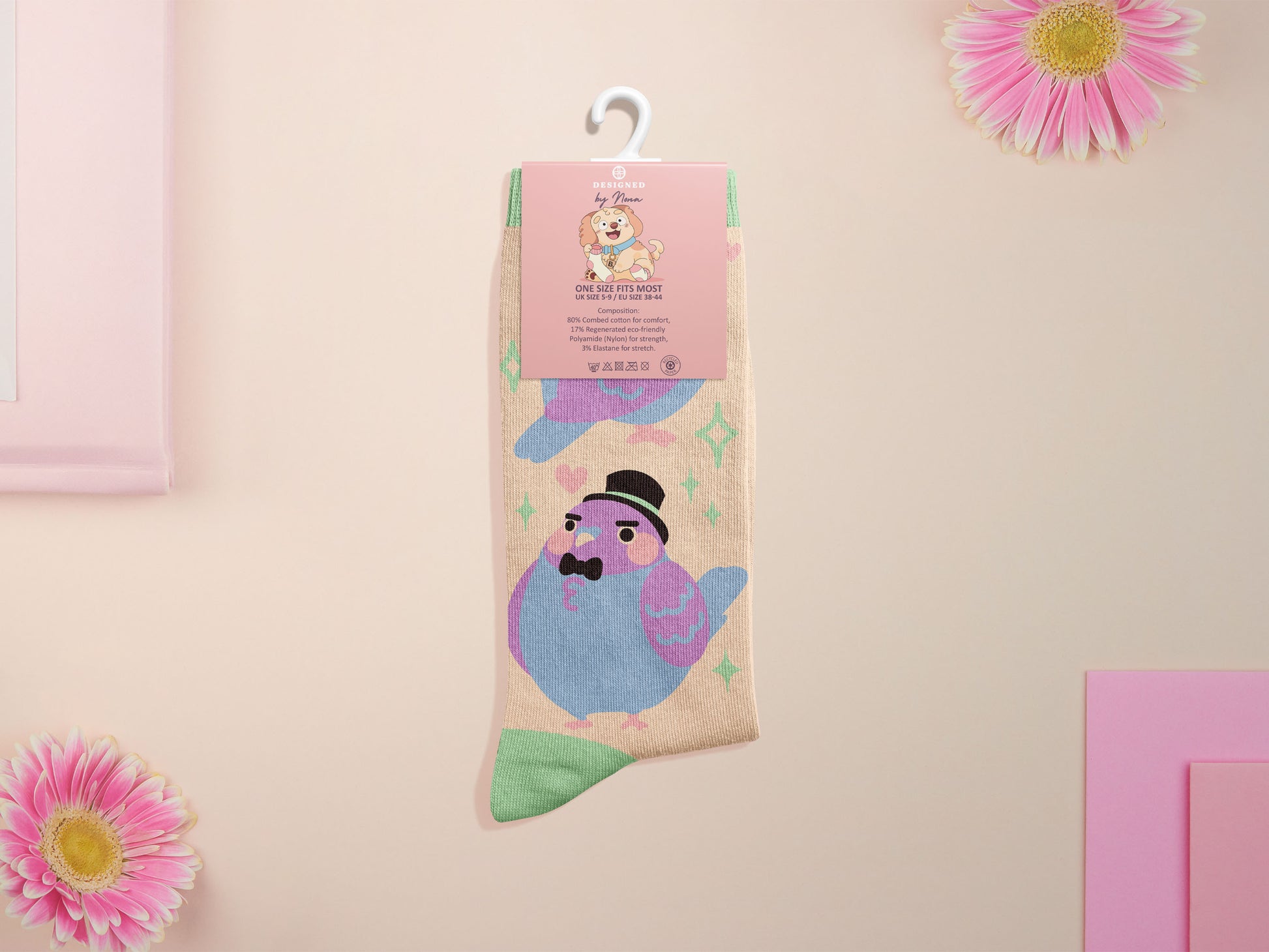 Cute knitted cotton crew socks with a cute pigoens in top hats and bow ties design.