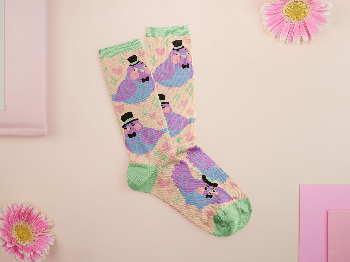 Cute knitted cotton crew socks with a cute pigoens in top hats and bow ties design.