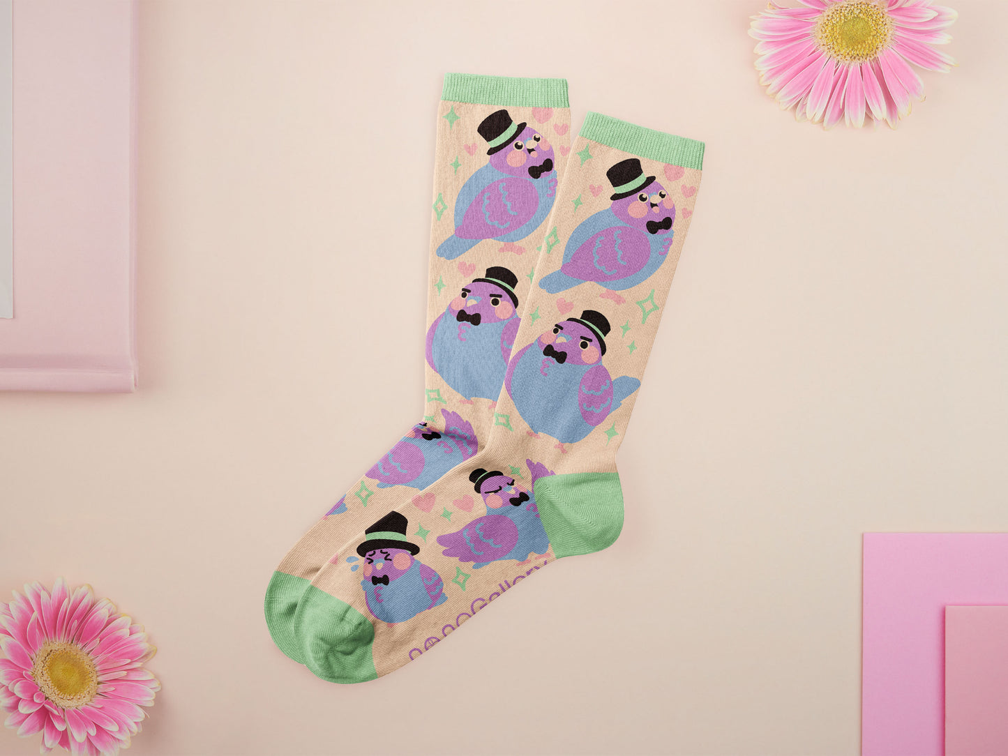 Cute knitted cotton crew socks with a cute pigoens in top hats and bow ties design.