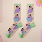 Cute knitted cotton crew socks with a cute pigoens in top hats and bow ties design.