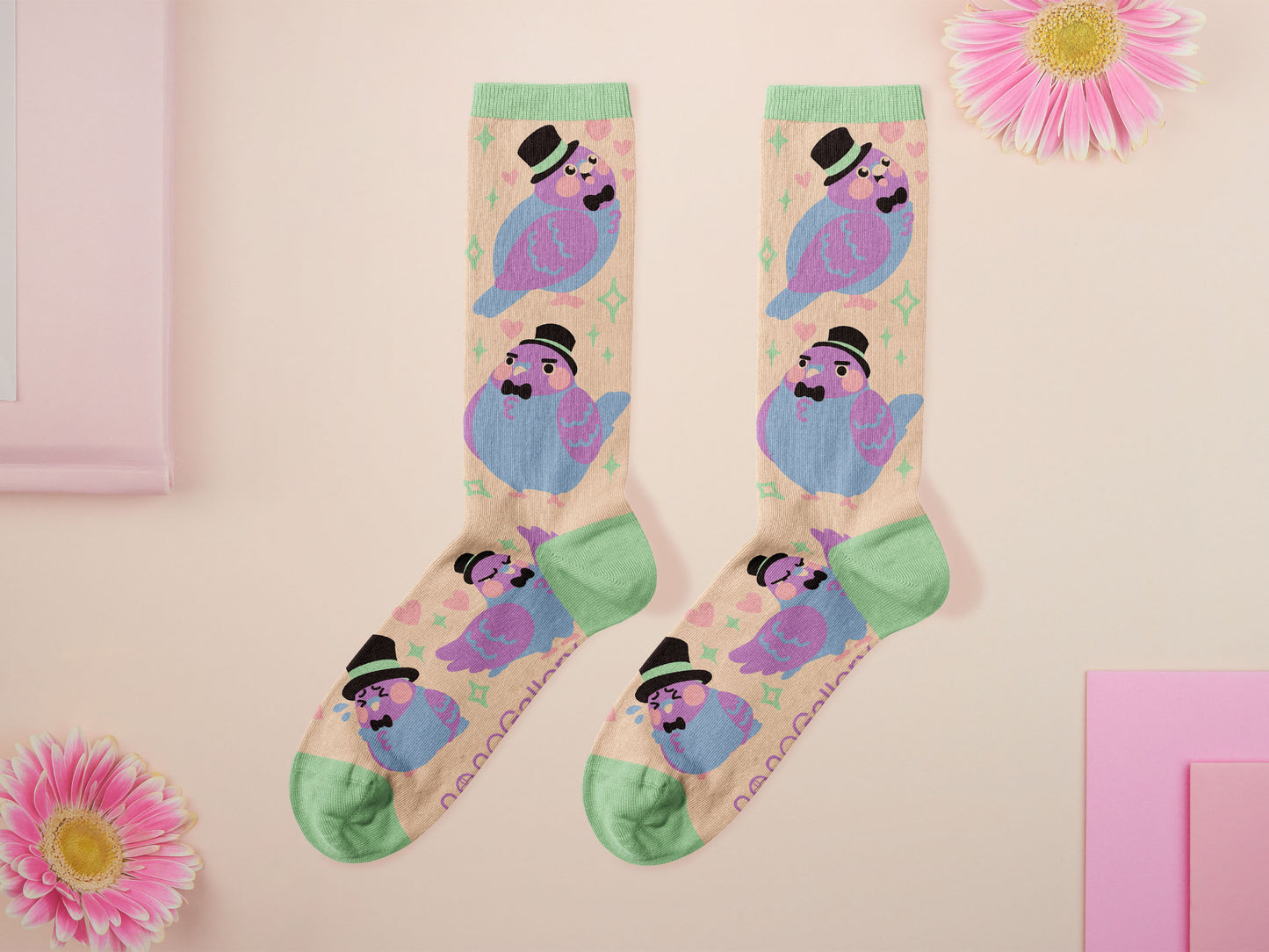 Cute knitted cotton crew socks with a cute pigoens in top hats and bow ties design.