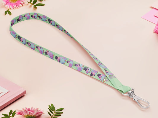 Cute full legth lanyard with a double sided fancy bird pigeon pattern and silver swivel hook clasp.