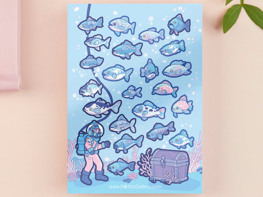 Blue gloss vinyl sticker sheet containing multiple cute funny fish stickers, a treasure chest and anime underwater ocean sea diver stickers