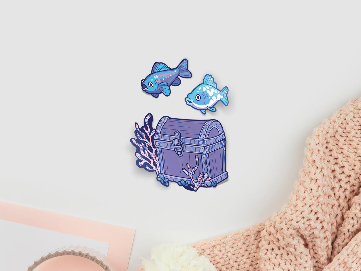 Multiple cute funny fish and treasure chest stickers and anime underwater ocean sea stickers