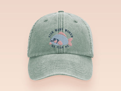 Vintage green baseball cap hat with an embroidered design of a cute blue fish with the quote Fish Want Women Me Fear Me.