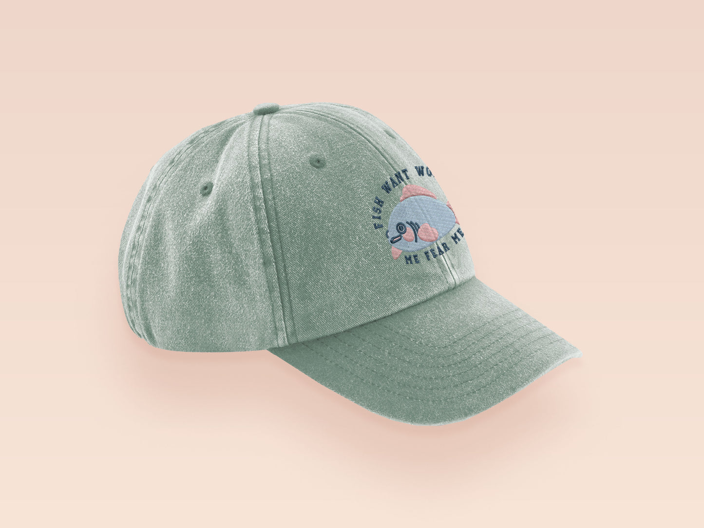 Vintage green baseball cap hat with an embroidered design of a cute blue fish with the quote Fish Want Women Me Fear Me.