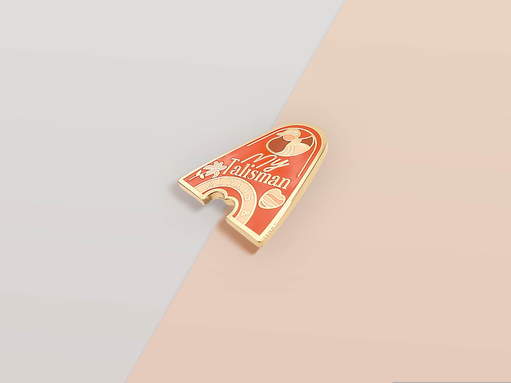 Top part of the Gold Enamel Talisman Pin with red design and the words Couple's Talisman, Always & Forever. The pins design includes a hearts, ducks, as well as flowers and crystals.