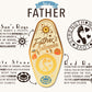A illustrated diagram outline the symbolism of the different design elements of the for a Father's Talisman pin. Information includes the meaning of the Sun's rays, iolite stone and red roses