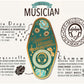 A illustrated diagram outline the symbolism of the different design elements of the for a Musician's Talisman pin. Information includes the meaning of the rain drops, chrysocolla, and chamomile
