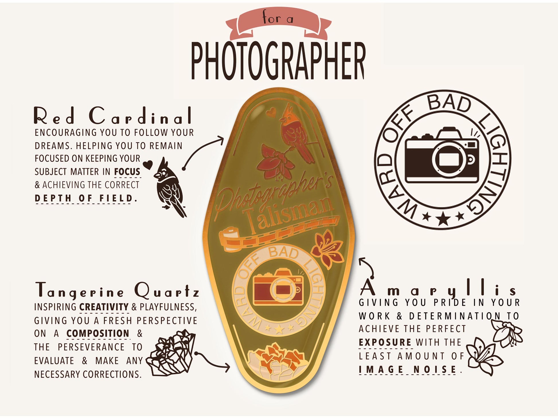 A illustrated diagram outline the symbolism of the different design elements of the for a photographers Talisman pin. Information includes the meaning of the red cardinal, tangerine quartz and amaryllis