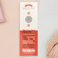 The back of the long white and red backing card with gold accents. The backing card details the symbolism of the RPG talisman different design elements. Also shown is the two gold locking pin backs attached to the card.