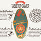 A illustrated diagram outline the symbolism of the different design elements of the for a RPG Talisman pin. Information includes the meaning of the Hongbao Red Envelope, Fallen Acorns and Tigers Eye.
