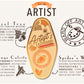 A illustrated diagram outline the symbolism of the different design elements of the for a Artist's Talisman pin. Information includes the meaning of the hazel tree, orange calcite, and the spider's webs.