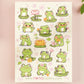 A large pastel coloured gloss vinyl sticker sheet with multiple cute frogs and lily pad stickers