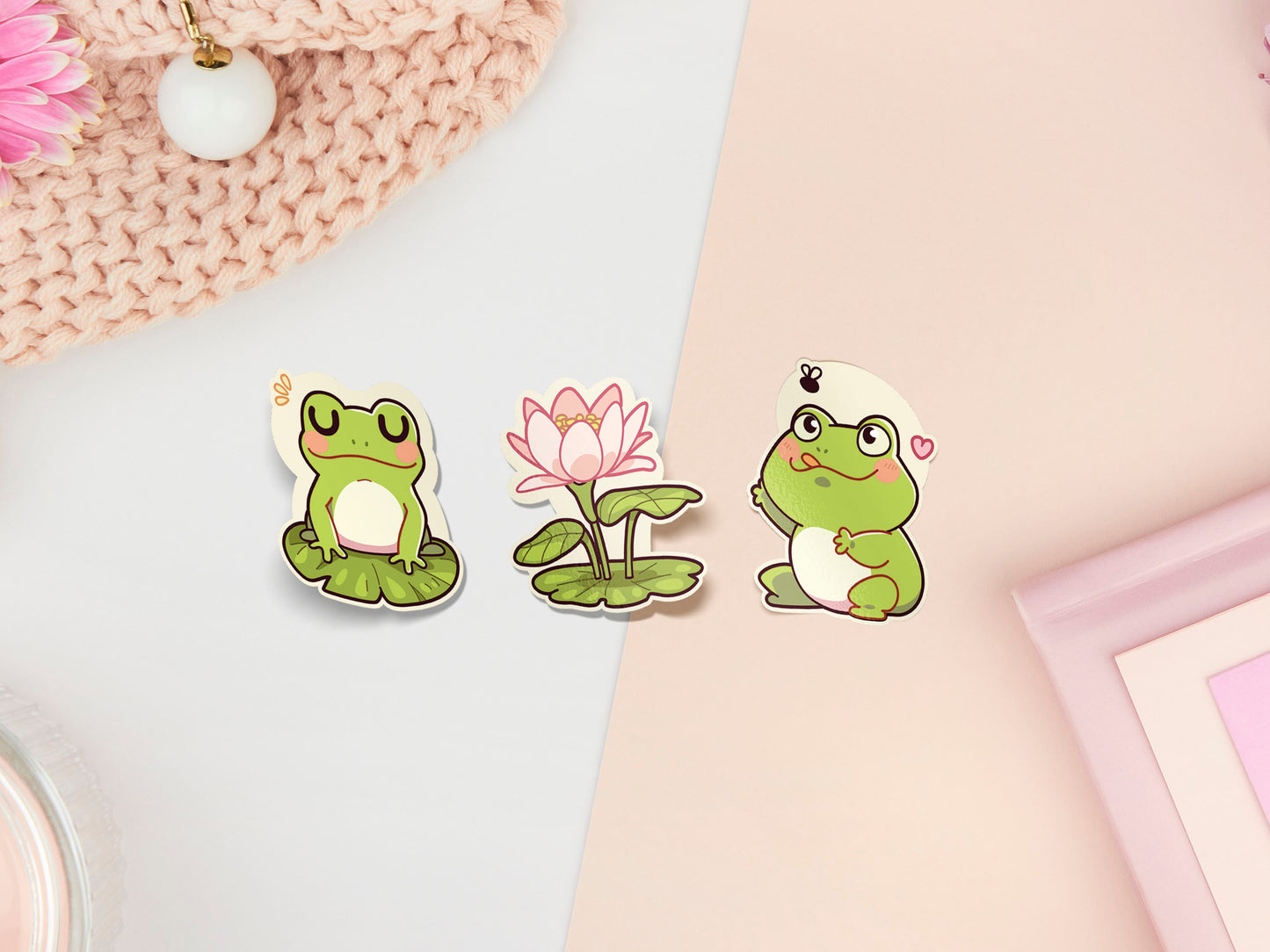 A pastel coloured gloss vinyl stickers of multiple cute frogs and lily pad