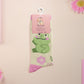 Cute knitted pastel cotton crew socks with different cute frogs pattern design