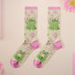 Cute knitted pastel cotton crew socks with different cute frogs pattern design