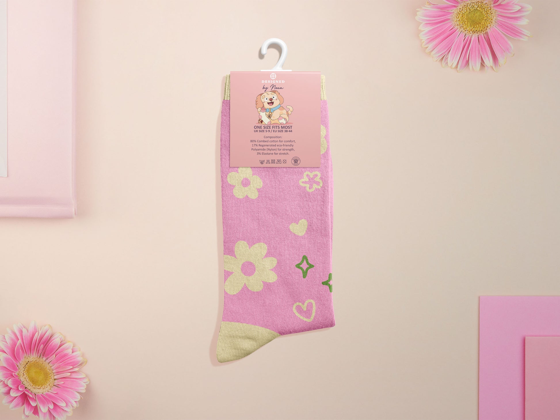 Cute knitted pastel cotton crew socks with different cute frogs pattern design on the toes of the socks.