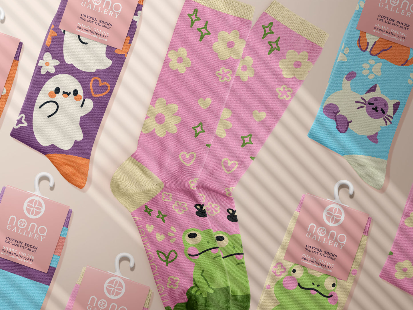 Multiple Cute knitted cotton crew socks with autumn-themed ghost designs, cute cats and kittens, and funny pastel frogs.