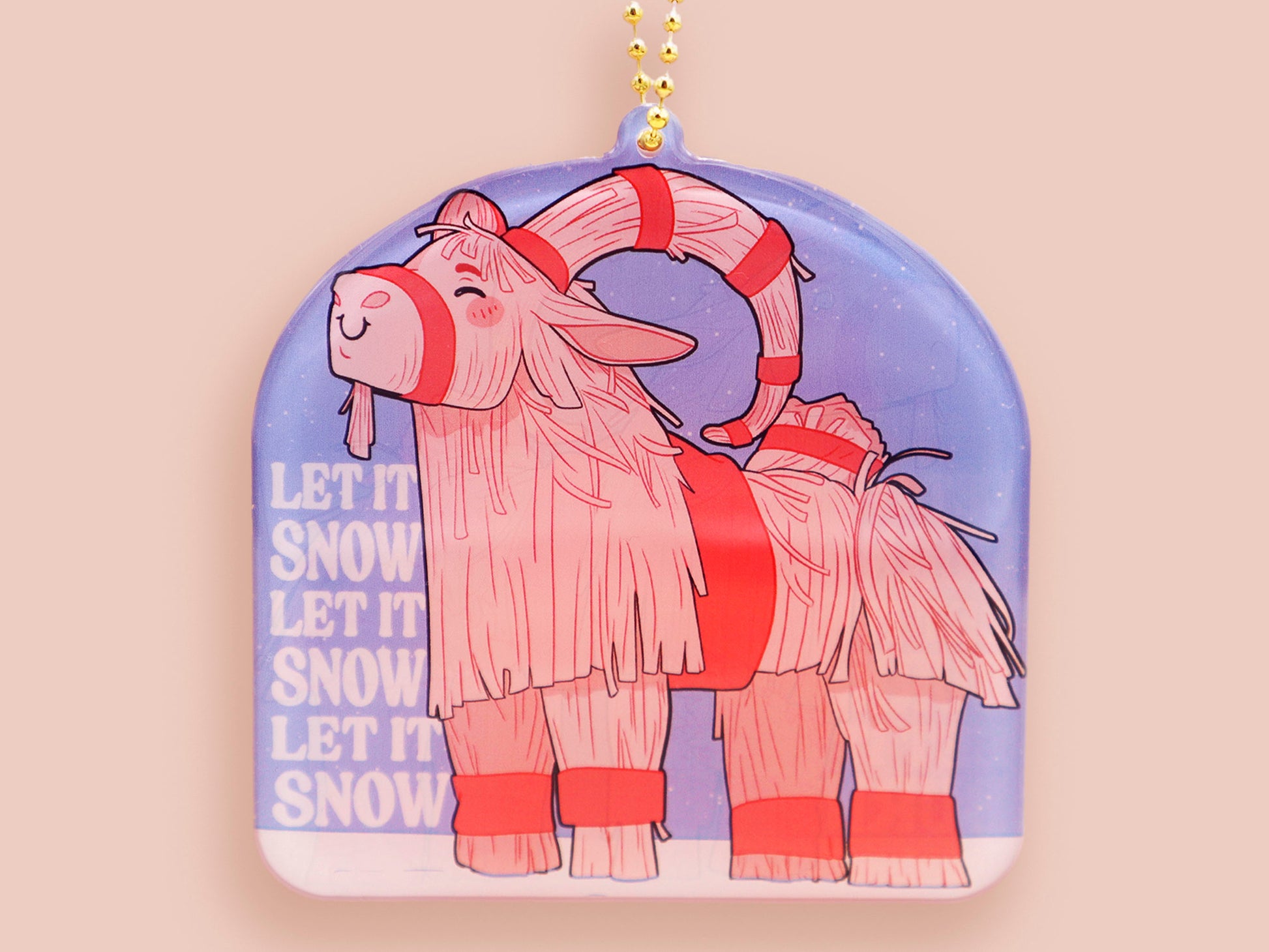 Acrylic epoxy christmas tree hanging decoration with a large acrylic charm of a cute gavle straw goat in the snow with the quote let it snow let it snow let it snow